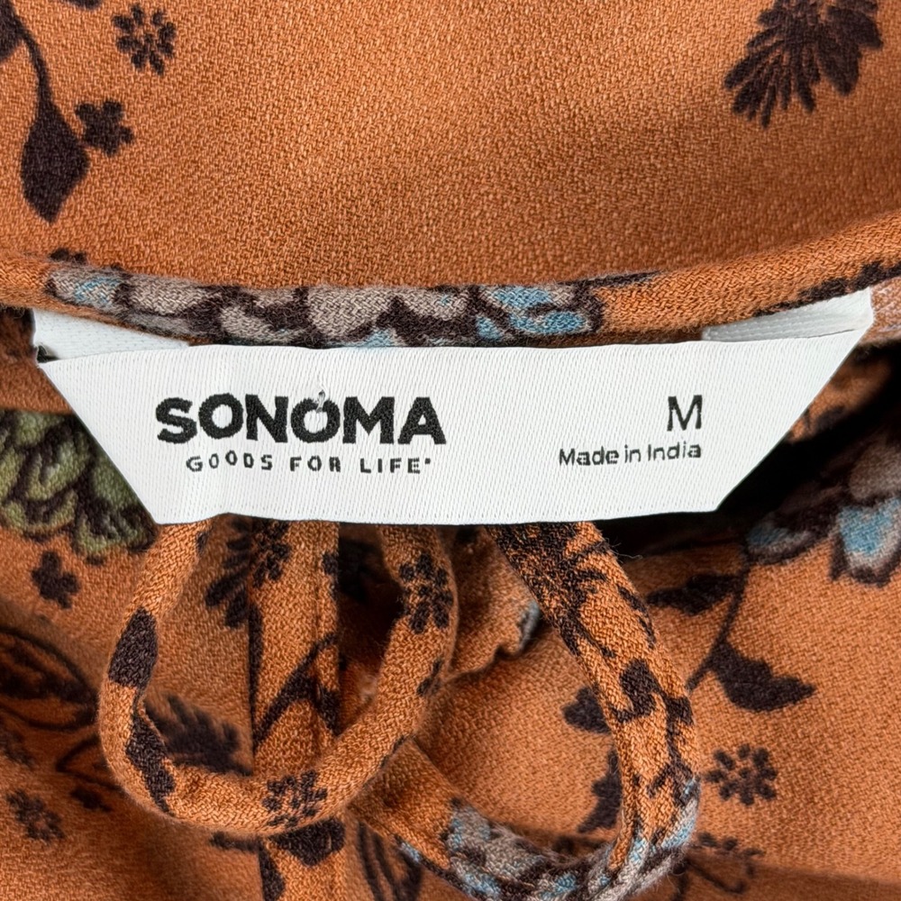 Sonoma Floral Boho Blouse Rust Orange Blue Green Ruffle Front Long Sleeve Size M - Picture 9 of 14